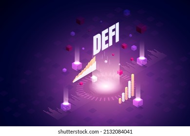 Defi decentralized finance on background graphs and technology, digital assets Cryptocurrency and Blockchain. isometric vector illustration.