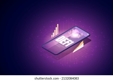 Defi decentralized finance on mobile background graphs and technology, digital assets Cryptocurrency. isometric vector illustration.