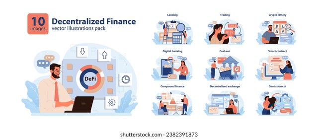 DeFi, decentralized finance set. Smart distributed ledger technologies for lending, investing, or exchanging cryptoassets without traditional centralized intermediary. Flat vector illustration