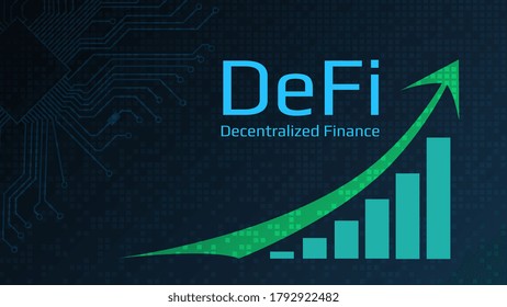 Defi - decentralized finance - text next to a green up arrow and a chart directed upwards. Dark blue background. Horizontal. Vector EPS10.