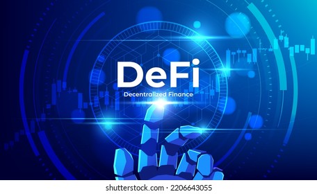 DeFi Decentralized Finance text with robot hand pointing for decentralized financial system, cryptocurrency, blockchain, and digital asset. vector