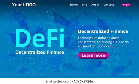 Defi - decentralized finance website template on blue abstract polygonal background. Website header layout with hot offer. Ecosystem of financial applications and services. Vector EPS10.