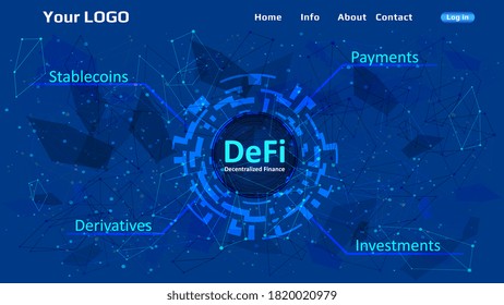 Defi - decentralized finance website template on blue abstract polygonal background. Website header layout. Ecosystem of financial applications and services. Vector EPS10.