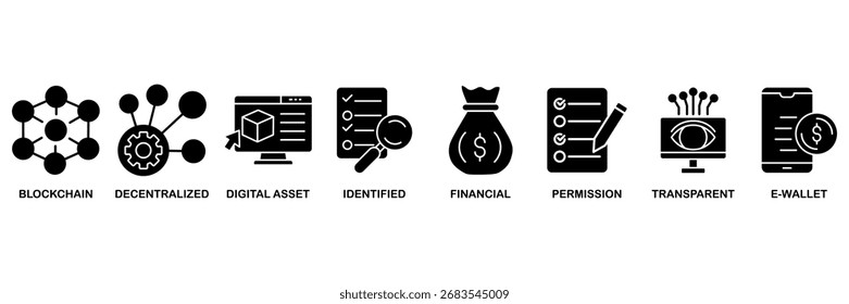 DeFi icon set vector illustration concept for blockchain, decentralized, digital asset, identified, financial, permission, transparent and e-wallet