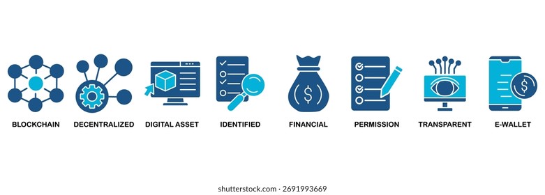 DeFi icon set vector illustration concept for blockchain, decentralized, digital asset, identified, financial, permission, transparent and e-wallet
