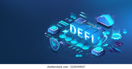 DeFi isometric banner. Decentralized Finance, cryptocurrency and blockchain Identified technology. Permission, Bitcoin, Altcoin, cryptocurrency mining, digital asset, wallet. Defi 3D banner. Vector