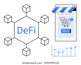 DeFi node network, online shopping cart on a smartphone screen, and bar and line graph. Ideal for fintech, e-commerce, blockchain, decentralized finance, and digital marketing. Simple modern style