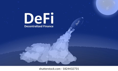 DeFi projects flies to the Moon. The decentralized finance sector is growing rapidly. The rocket with the inscription takes off from the ground and rushes upward. Vector EPS10.