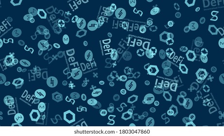 DeFi seamless pattern - decentralized finance with altcoin logos on a blue background. Signs of the largest projects in the DeFi sector. Vector 10.