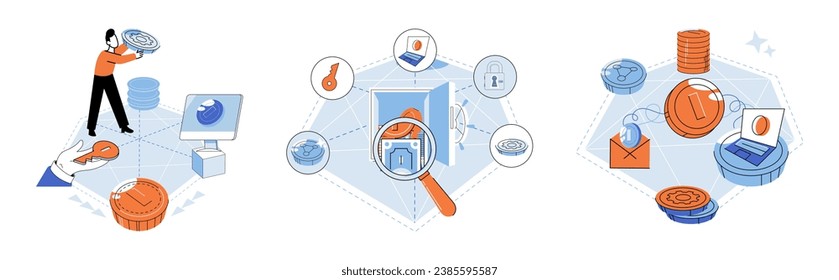 Ilustración vectorial Defi. Identidades seudónimas en DeFi proporcionan a los usuarios privacidad y seguridad Dinero digital en forma criptodivisas facilita transacciones sin fronteras e instantáneas DeFi