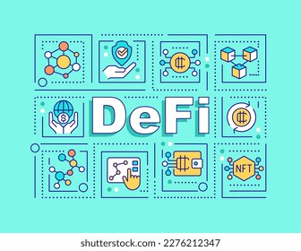 Banner de menta de conceptos de palabra de defi. Sistema financiero descentralizado. Infografía con iconos editables en el fondo del color. Tipografía aislada. Ilustración vectorial con texto. Fuente Arial-Black utilizada