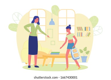 Defiantly Dressed Girl with Backpack Preparing for School Flat Cartoon Vector Illustration. Mom Scolding Daughter. Appearance not for Studying. Teenager Wearing Short Skirt and Top.