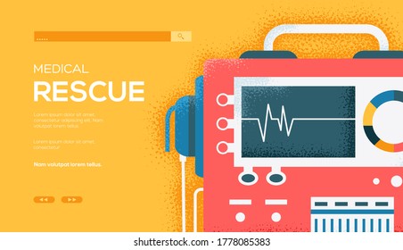 Defibrillator concept flyer, web banner, ui header, enter site. Thin line icon style concept design. Grain texture and noise effect. 