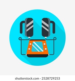 Ícone plano de desfibrilador isolado em plano de fundo circular colorido com sombra longa. Para sinais, símbolos, infográficos, apresentação ou gráficos da Web.