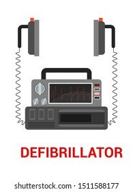 Defibrillator flat vector illustration. CPR, emergency and paramedic service tool. Artificial cardiac external stimulation, lifesaving equipment. AED isolated clipart on white background