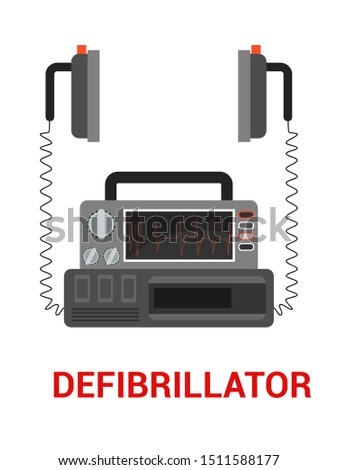 Defibrillator flat vector illustration. CPR, emergency and paramedic service tool. Artificial cardiac external stimulation, lifesaving equipment. AED isolated clipart on white background