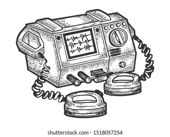 Defibrillator heart cardiac medical electronic device sketch engraving vector illustration. Medical technology. Scratch board style imitation. Black and white hand drawn image.