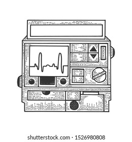 Defibrillator heart cardiac medical electronic device sketch engraving vector illustration. Medical technology. Scratch board style imitation. Black and white hand drawn image.