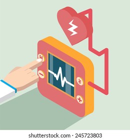 Defibrillator icon isometric with hand.