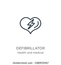 Defibrillator icon. Thin linear defibrillator outline icon isolated on white background from health and medical collection. Line vector sign, symbol for web and mobile