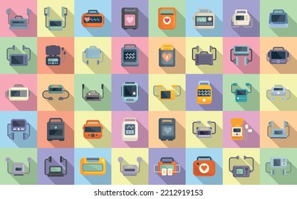 Defibrillator icons set flat vector. Aid ambulance. Automated electric