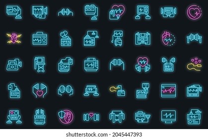 Defibrillator icons set. Outline set of defibrillator vector icons neon color on black