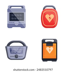 Defibrillator machine icons set cartoon vector. Automated external defibrillator. Cardiology, medical equipment