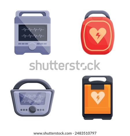 Defibrillator machine icons set cartoon vector. Automated external defibrillator. Cardiology, medical equipment