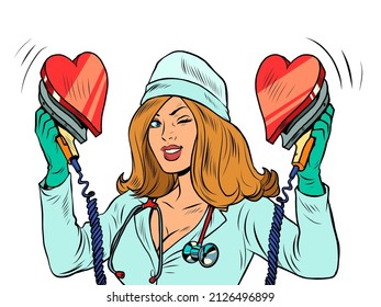 Defibrillator. The nurse resuscitates the heart. Love romance, valentine symbol. pop art Retro vector Illustration 50s 60s kitsch Vintage style