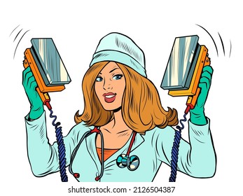 Defibrillator. The nurse resuscitates using a smartphone. Modern technologies, online Internet theme. pop art Retro vector Illustration 50s 60s kitsch Vintage style