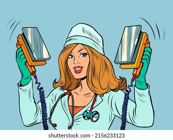 Defibrillator. The nurse resuscitates using a smartphone. Modern technologies, online Internet theme. pop art Retro vector Illustration 50s 60s kitsch Vintage style