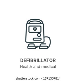 Defibrillator outline vector icon. Thin line black defibrillator icon, flat vector simple element illustration from editable health and medical concept isolated on white background