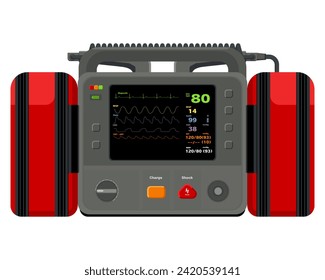 Defibrillators, medical devices They are used to treating sudden cardiac arrest, condition in which the heart stops beating suddenly unexpectedly. Emergency medical equipment. Flat design. 