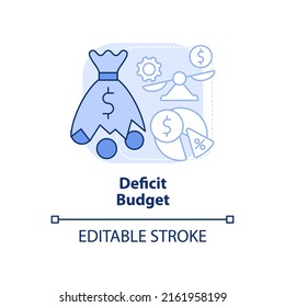 Deficit budget light blue concept icon. Expenses exceed revenue. Classification abstract idea thin line illustration. Isolated outline drawing. Editable stroke. Arial, Myriad Pro-Bold fonts used