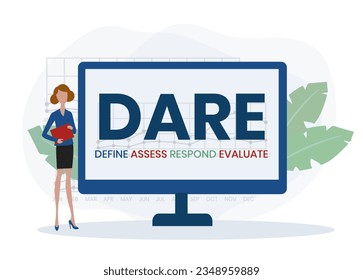 Define Assess Respond Evaluate - DARE acronym. Concept with keyword, people and icons. Flat vector illustration. Isolated on white.