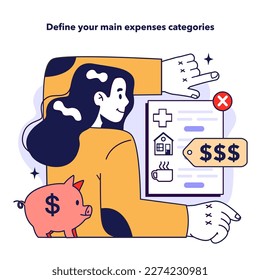 Define your main expenses categories to plan a family budget. Household spendings management and payments distribution. Financial efficiency, budgeting and economy idea. Flat vector illustration