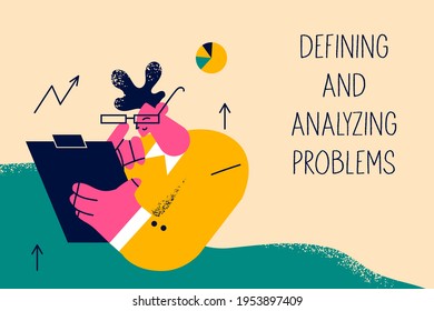 Defining and analyzing problems, marketing, business concept. Young man worker cartoon character sitting with documents and analyzing situation for development in business vector illustration 
