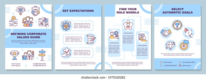 Defining corporate values guide brochure template. Expectations set. Flyer, booklet, leaflet print, cover design with linear icons. Vector layouts for presentation, annual reports, advertisement pages