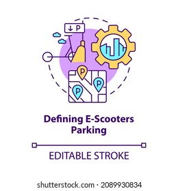 Defining e-scooters parking concept icon. Scooter sharing regulation abstract idea thin line illustration. Designated spots for vehicles. Vector isolated outline color drawing. Editable stroke