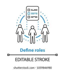 Icono de concepto de funciones de definición. Ilustración de línea delgada de idea de trabajo en equipo. Tareas laborales. Dibujo de contorno aislado del vector. Trazo editable