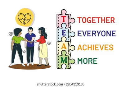 Defining Teams and Teamwork. Together everyone achieves more text in illustration with characters.