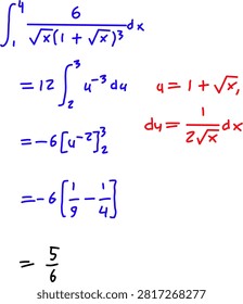 Definite integral solved using substitution method with step-by-step calculations. Educational mathematics vector illustration for calculus learning.