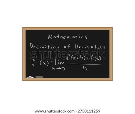 Definition of derivative equation on a chalkboard handwritten as a math equation to demonstrate teaching and writing out mathematical formulas by hand. Black chalkboard with white chalk and eraser in the lower left corner. All on a white background.