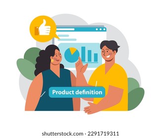 Definition as a product development stage. New brand or start up presentation before launch. New idea implementation. Business project progression. Flat vector illustration