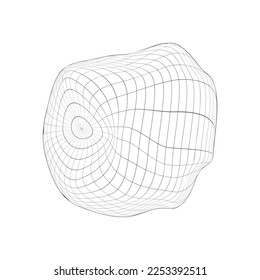 Deflated 3D sphere icon. Distorted wireframe of Earth globe isolated on white background. Planet climate changing concept. Deformation of ball grid. Vector outline illustration