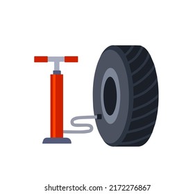 Deflated automobile tire. Accident and repair. Punctured wheel of a car. Red pump to increase air pressure. Tire service station. Cartoon flat illustration