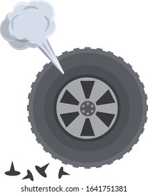 Deflated automobile tire. Punctured wheel of car. Cartoon flat illustration. Comic air and smoke. Accident and repair. Element of Tire service station