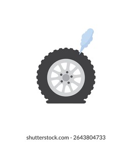 Deflated automobile tire. Punctured wheel of car. Element of Tire service station. Cartoon flat illustration. Comic air and smoke. Accident and repair Eps 10