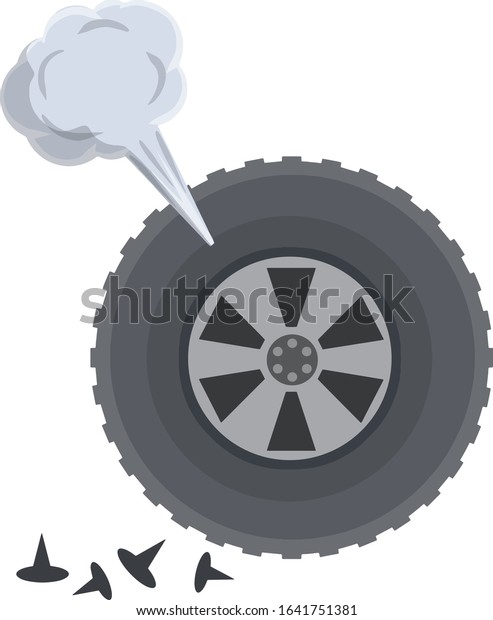 Deflated automobile tire. Punctured wheel of car.\
Cartoon flat illustration. Comic air and smoke. Accident and\
repair. Element of Tire service\
station
