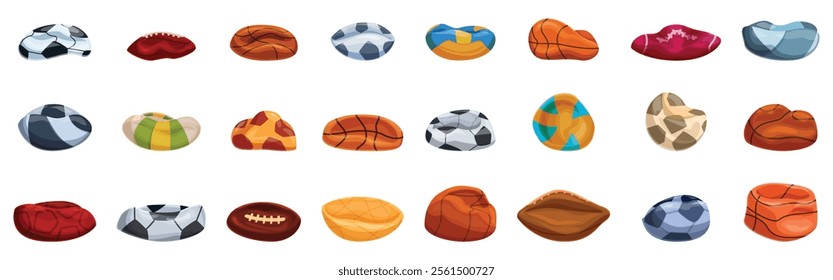 Deflated ball icons set. Comfortable bean bag chairs shaped like different sports balls, offering a fun and relaxing seating experience